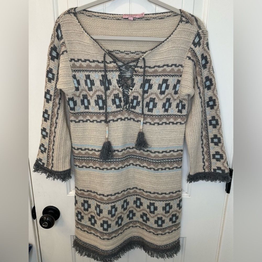 Calypso St. Barth 100% Cashmere Aztec Nordic Sweater Dress Tunic Small